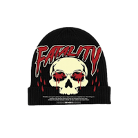 a black beanie with a skull and blood on it