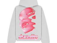 a white hoodie with a pink face on it