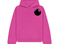 a pink hoodie with a black ball on it